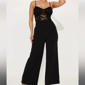 Fashion Nova Bustier Lace Mesh Trim Wide Leg Jumpsuit Size XL Black